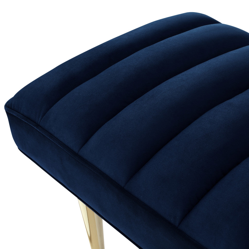 53" Navy Blue And Gold Upholstered Velvet Bench