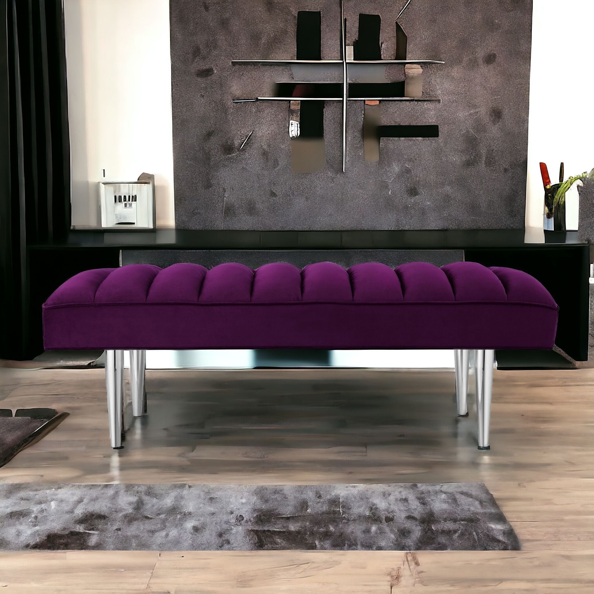 Purple And Silver Upholstered Velvet Bench 53"