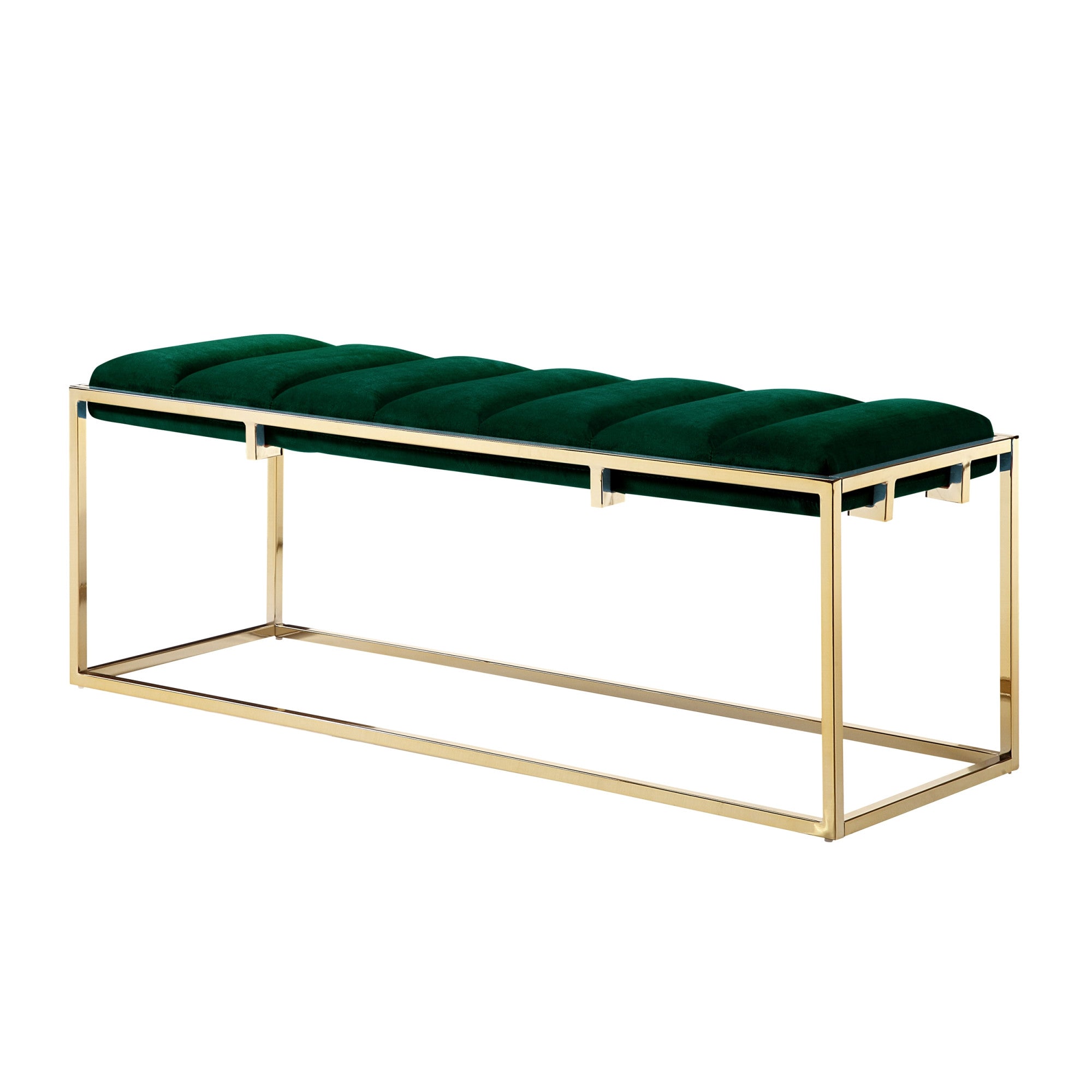 50" Green And Gold Upholstered Velvet Bench