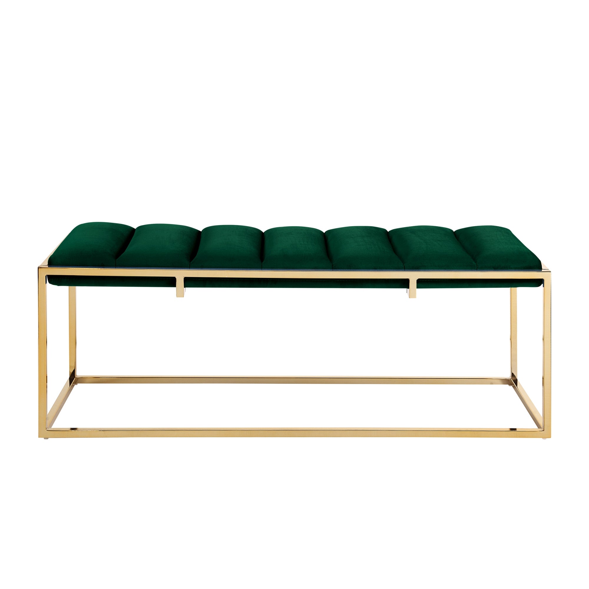 50" Green And Gold Upholstered Velvet Bench