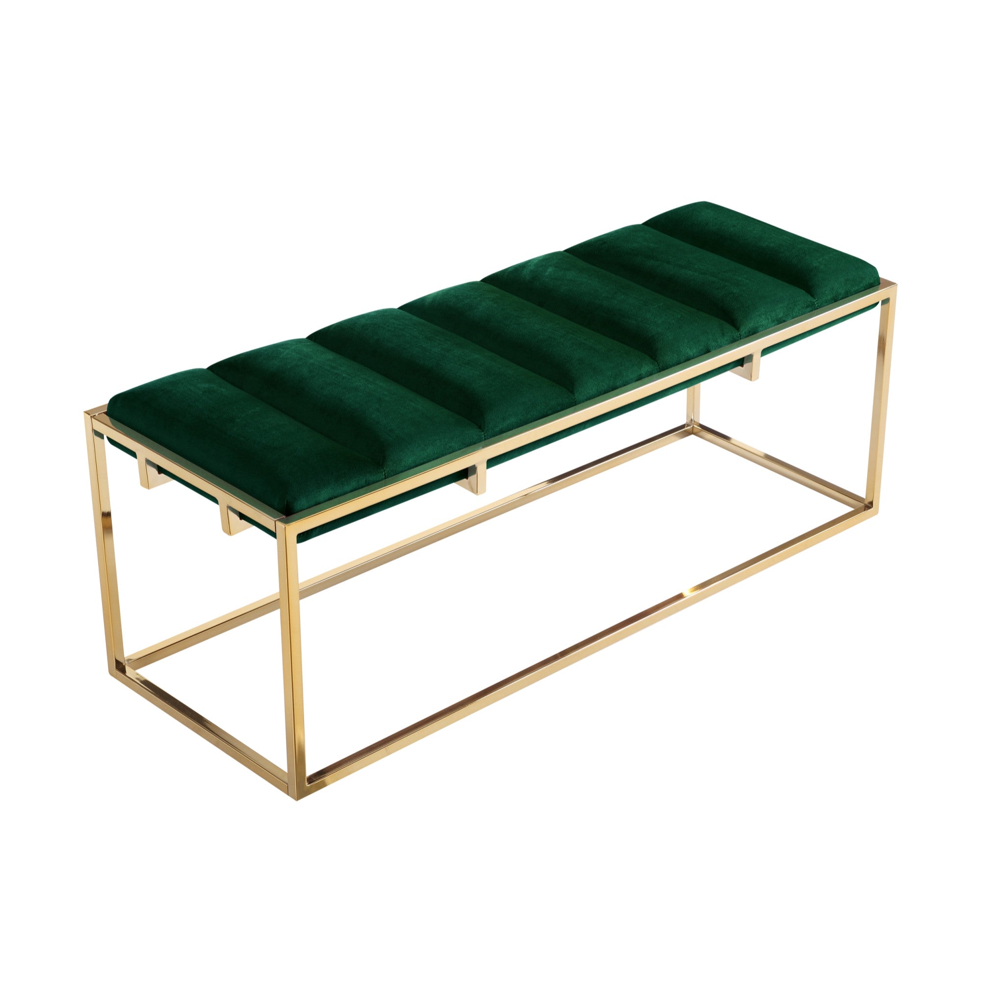 50" Green And Gold Upholstered Velvet Bench