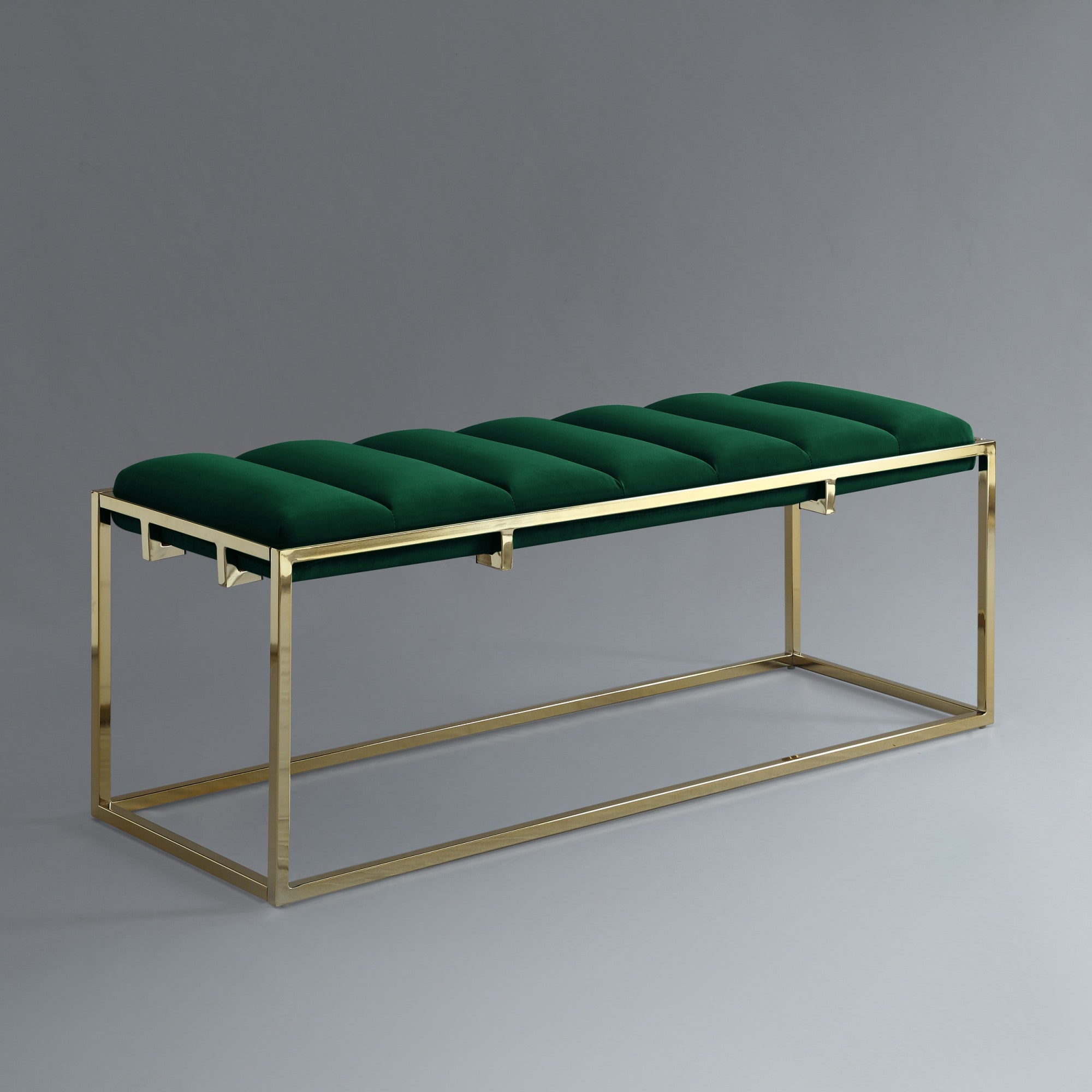 50" Green And Gold Upholstered Velvet Bench