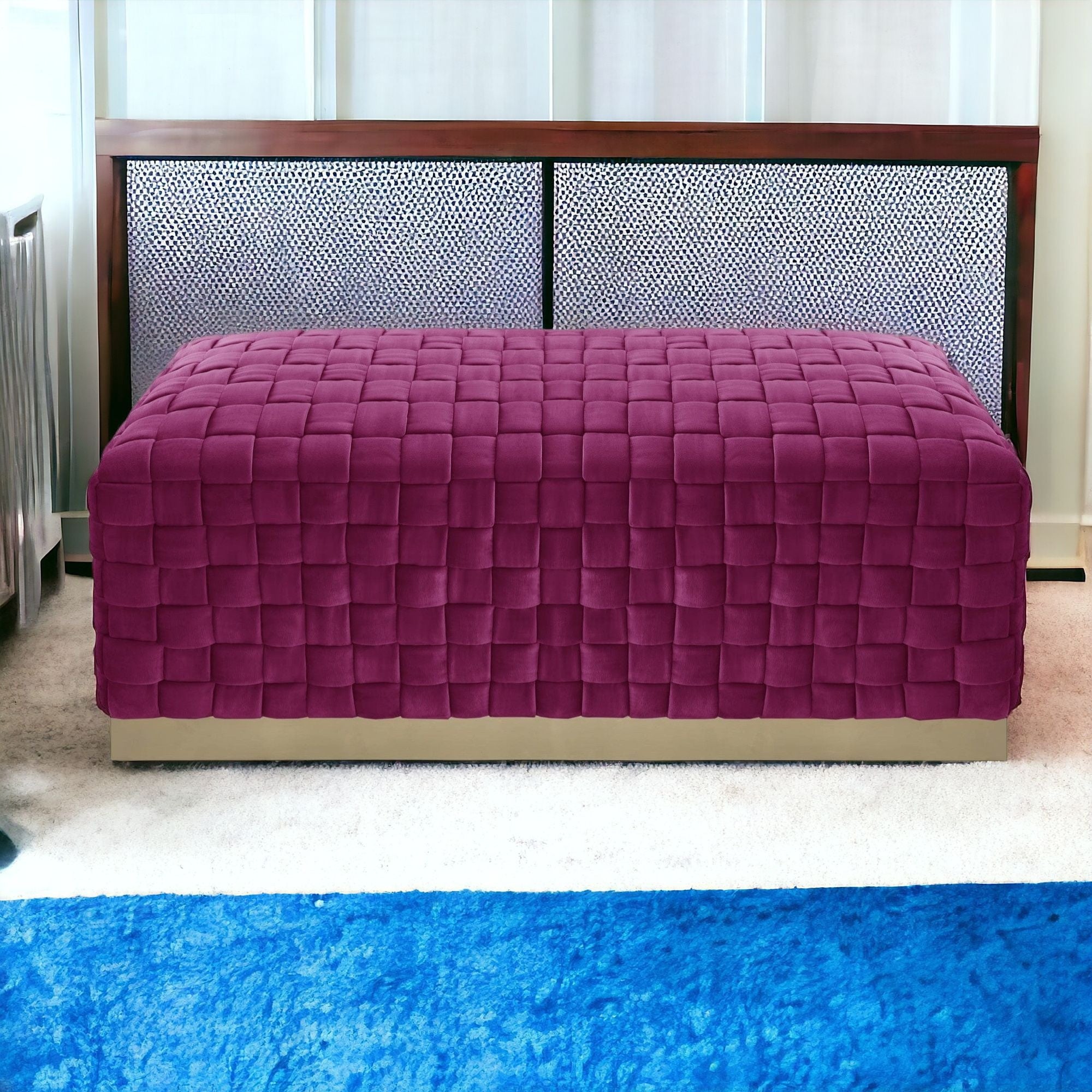 Fuchsia And Gold Upholstered Velvet Bench 40"