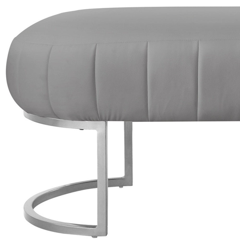 53" Gray And Silver Upholstered Faux Leather Bench