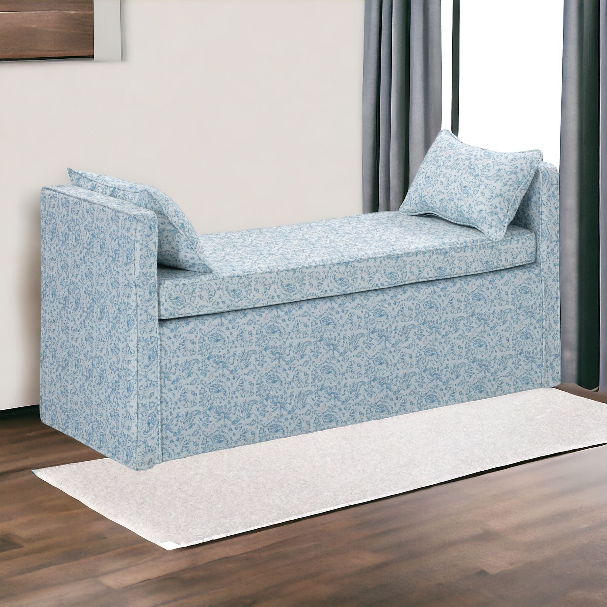 53" Blue And Black Upholstered Linen Floral Bench