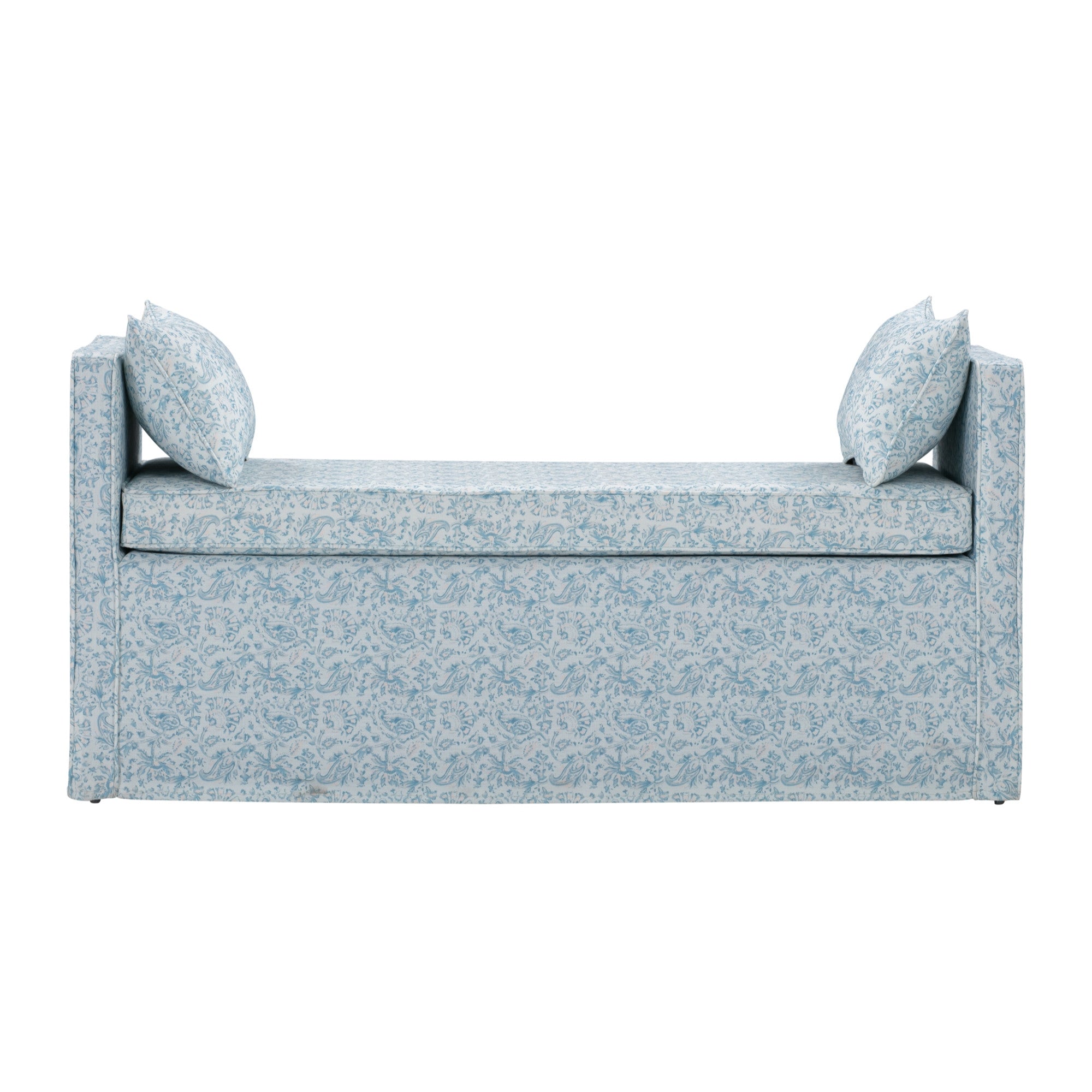 53" Blue And Black Upholstered Linen Floral Bench