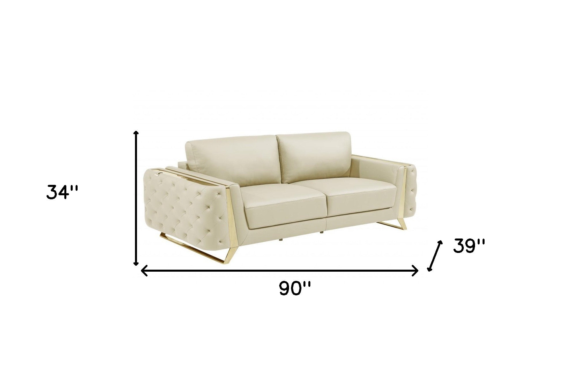 90" Beige Italian Leather And Gold Standard Sofa