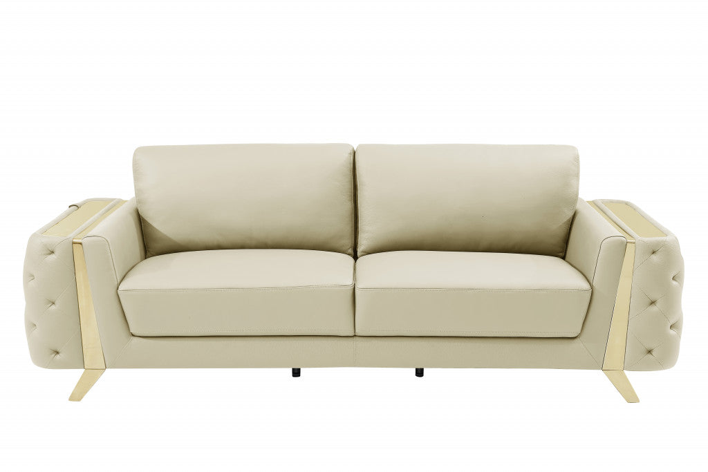 90" Beige Italian Leather And Gold Standard Sofa