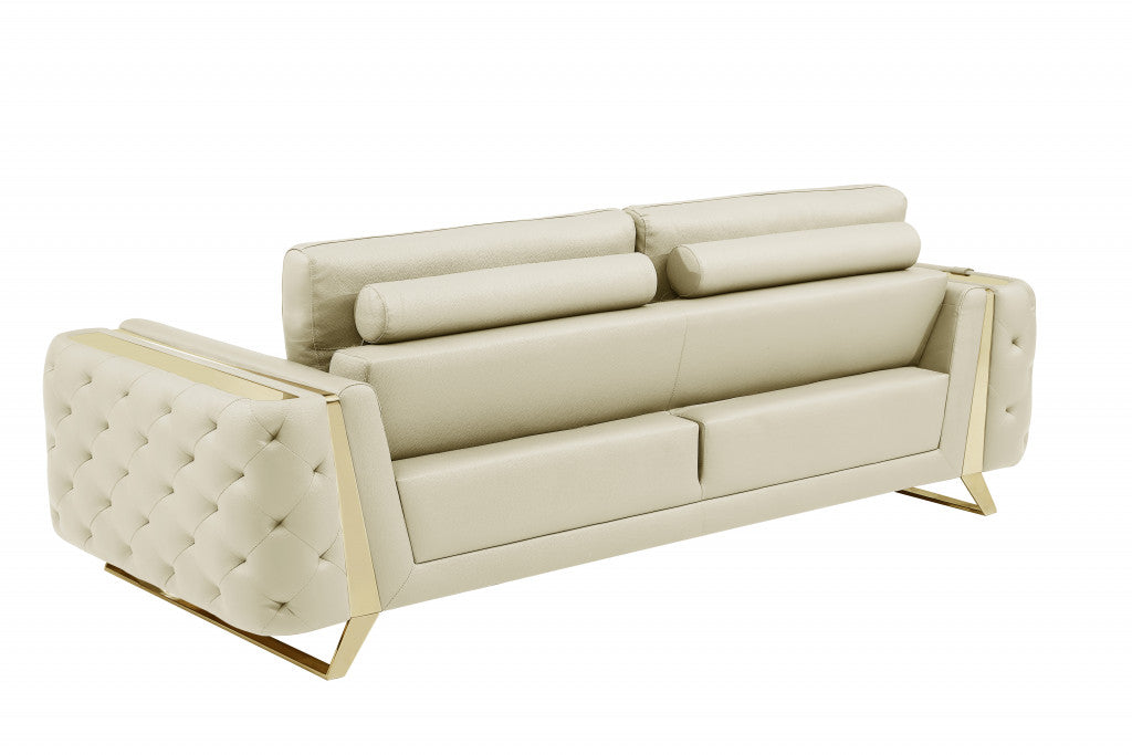 90" Beige Italian Leather And Gold Standard Sofa