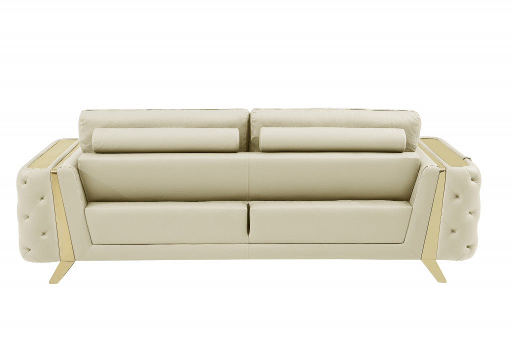 90" Beige Italian Leather And Gold Standard Sofa