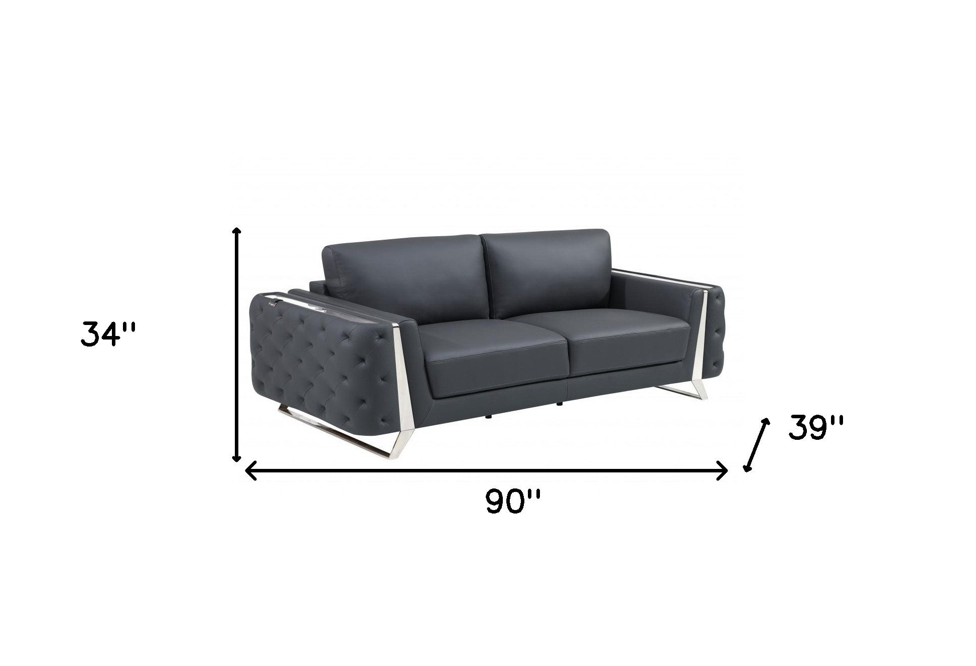 90" Dark Gray Italian Leather And Chrome Standard Sofa