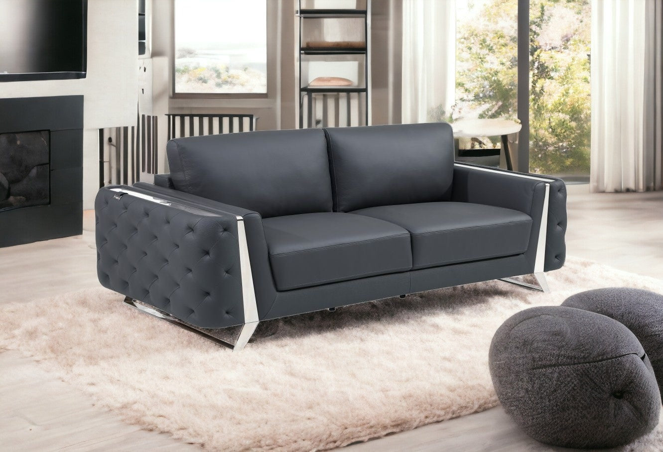 90" Dark Gray Italian Leather And Chrome Standard Sofa