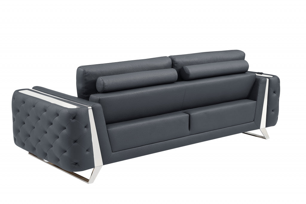 90" Dark Gray Italian Leather And Chrome Standard Sofa