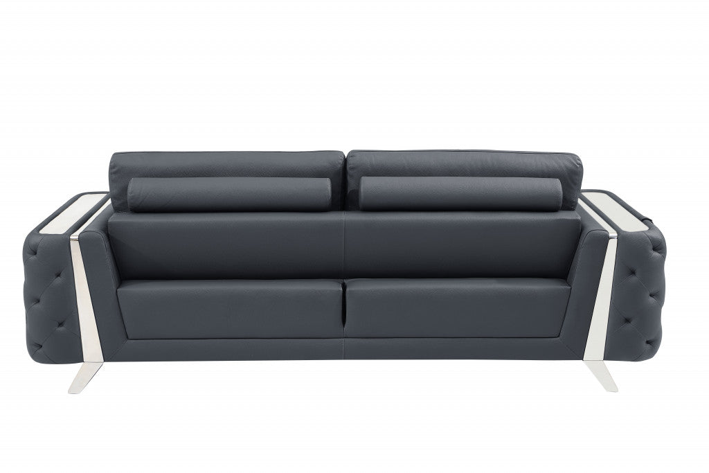 90" Dark Gray Italian Leather And Chrome Standard Sofa