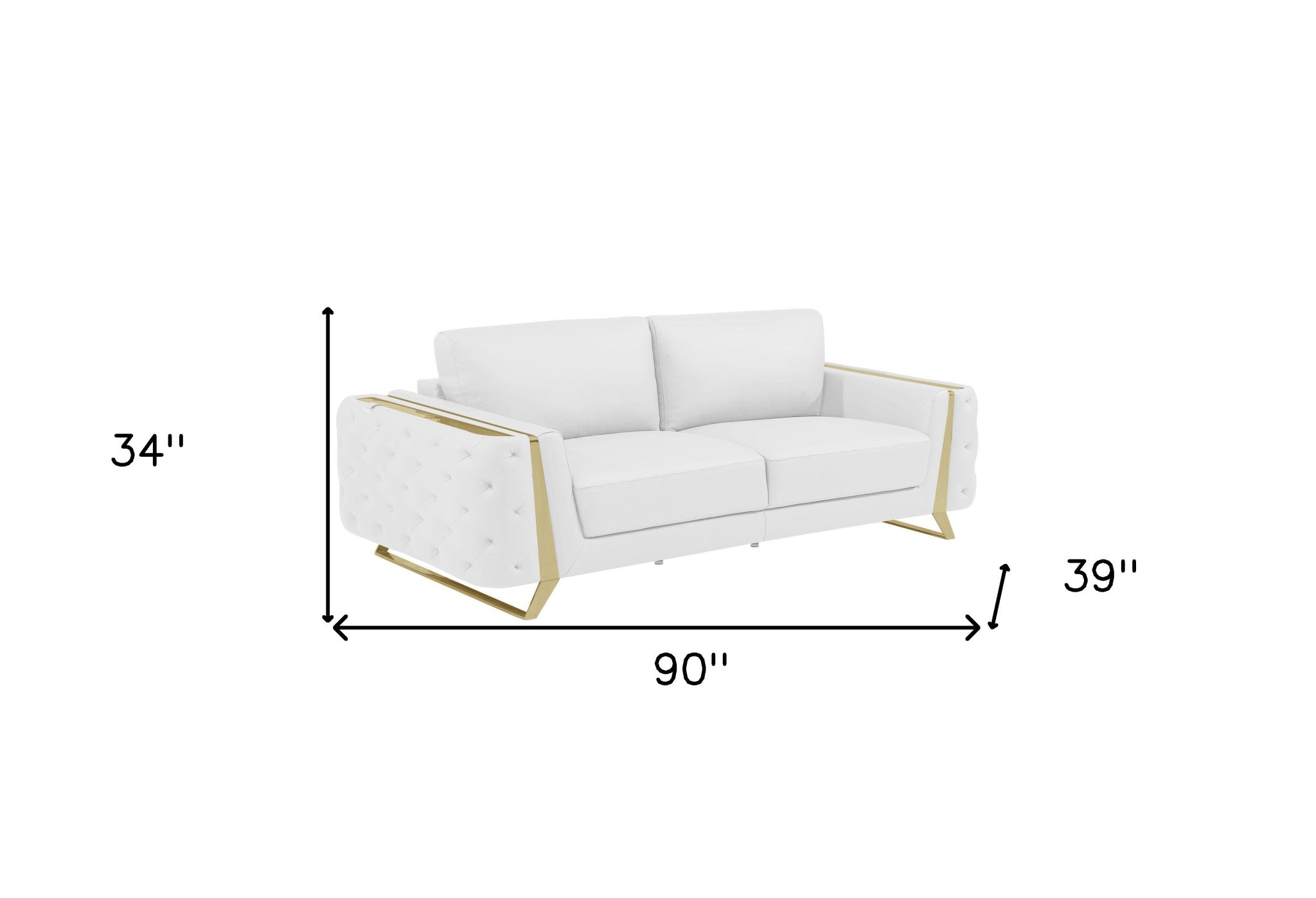 90" White Italian Leather And Gold Standard Sofa