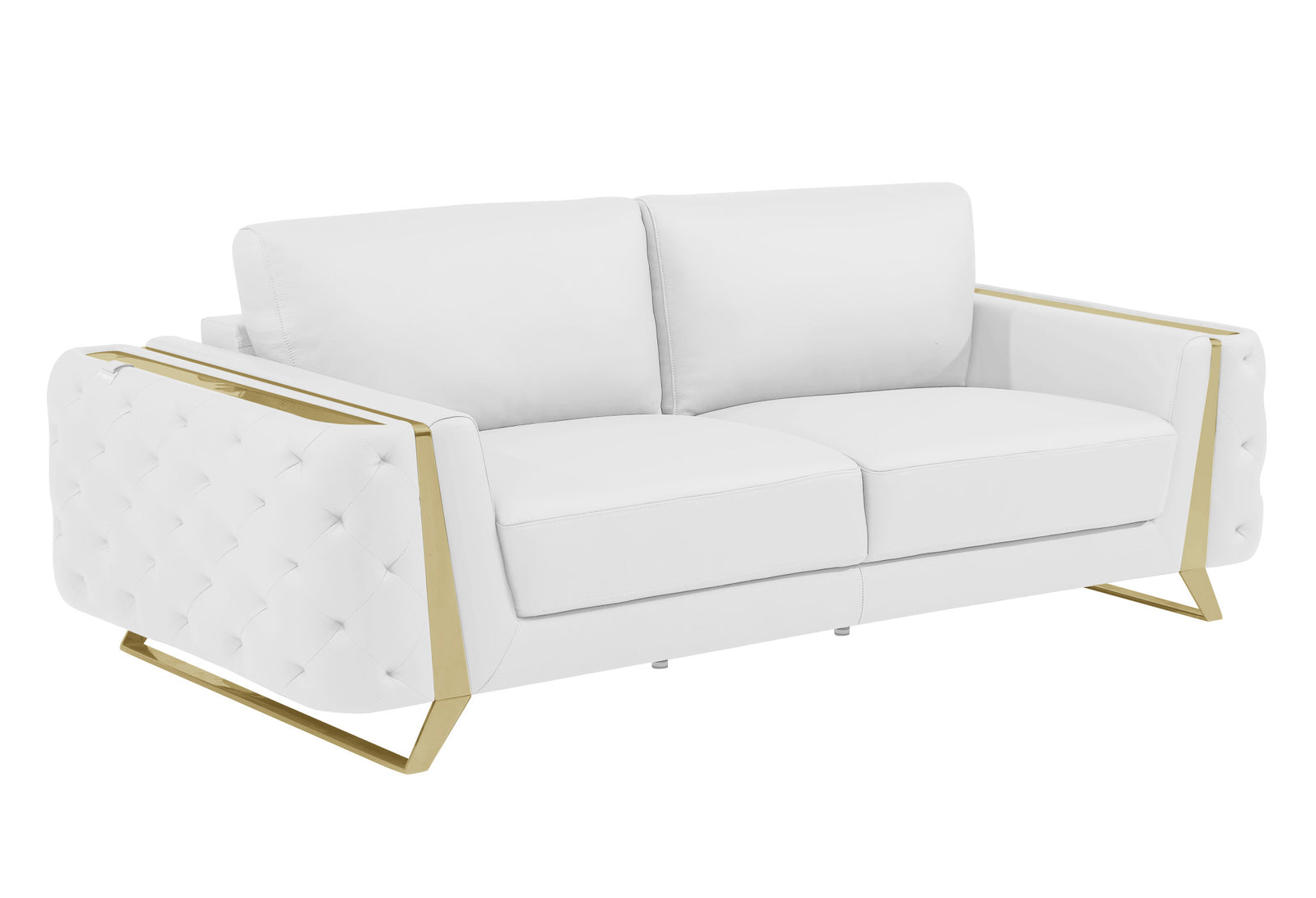 90" White Italian Leather And Gold Standard Sofa