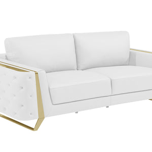 90" White Italian Leather And Gold Standard Sofa