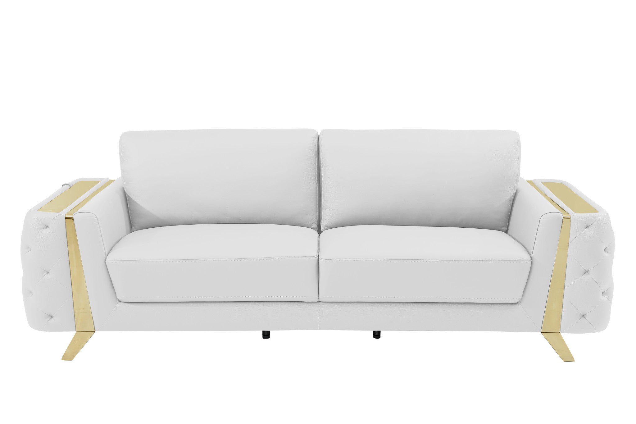 90" White Italian Leather And Gold Standard Sofa
