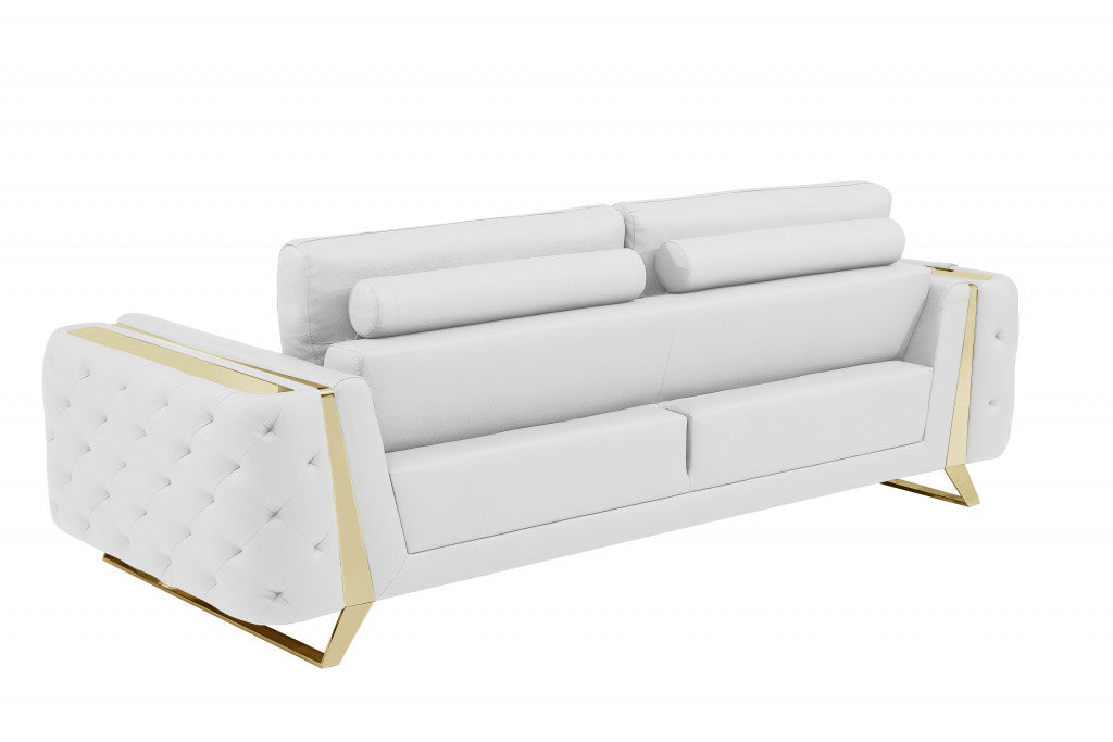 90" White Italian Leather And Gold Standard Sofa