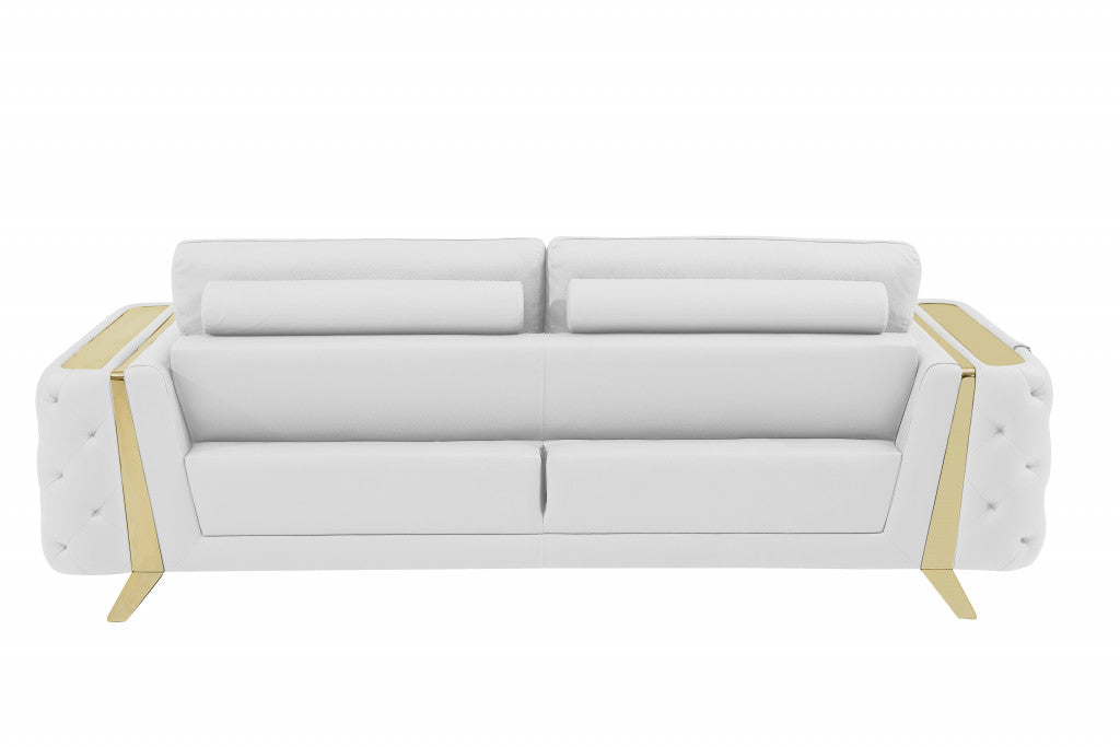 90" White Italian Leather And Gold Standard Sofa