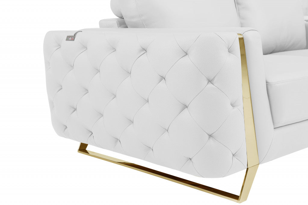 90" White Italian Leather And Gold Standard Sofa