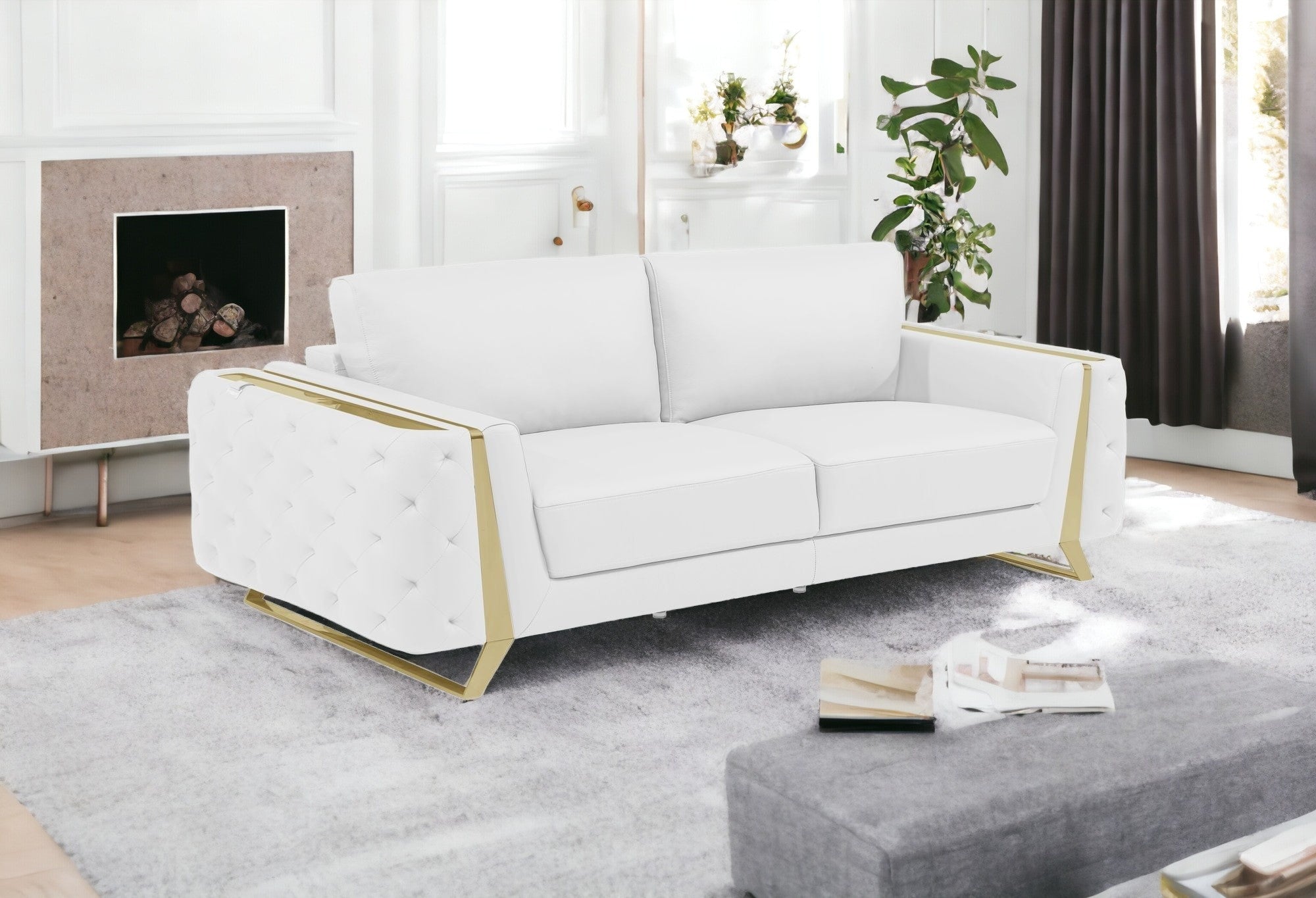 90" White Italian Leather And Gold Standard Sofa