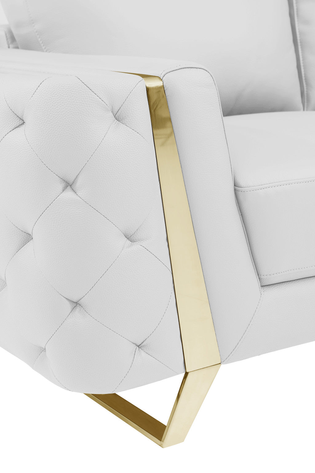 90" White Italian Leather And Gold Standard Sofa