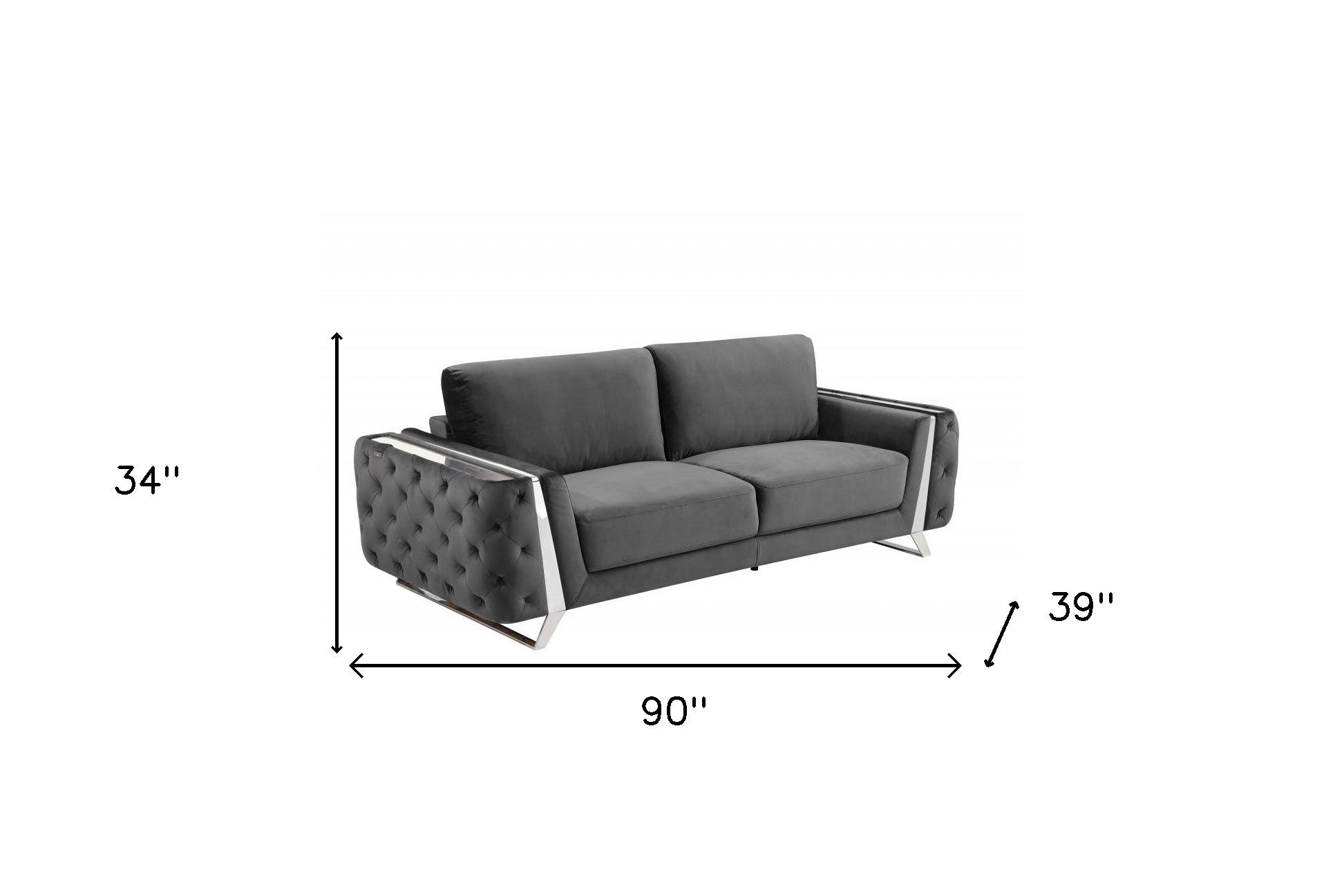 90" Dark Gray Velvet And Chrome Stainless Steel Standard Sofa