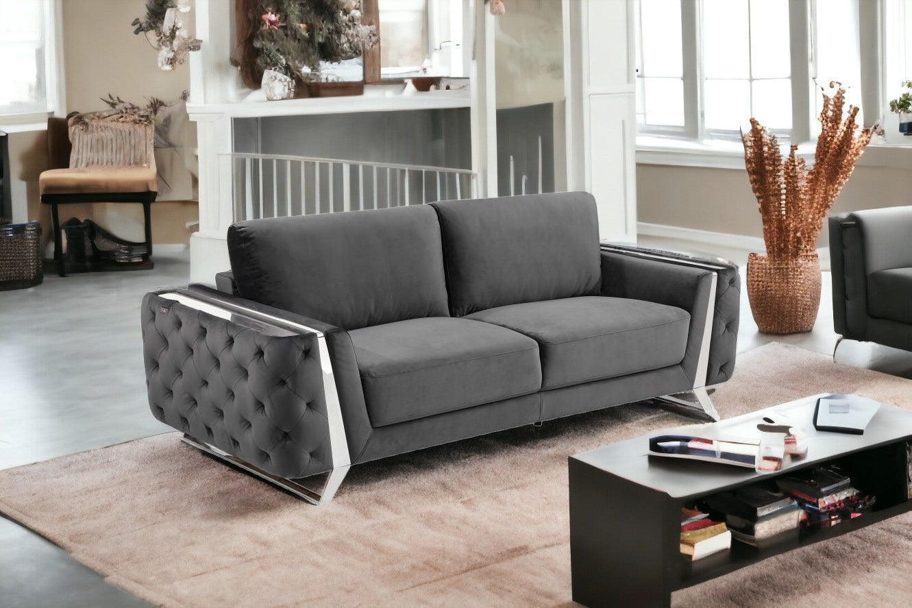 90" Dark Gray Velvet And Chrome Stainless Steel Standard Sofa