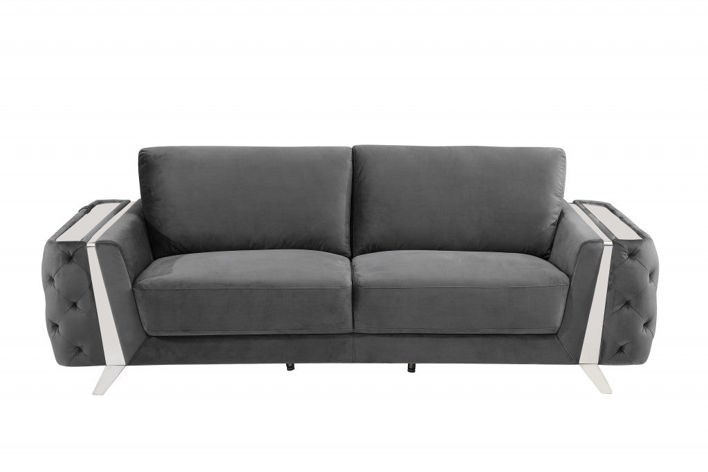 90" Dark Gray Velvet And Chrome Stainless Steel Standard Sofa