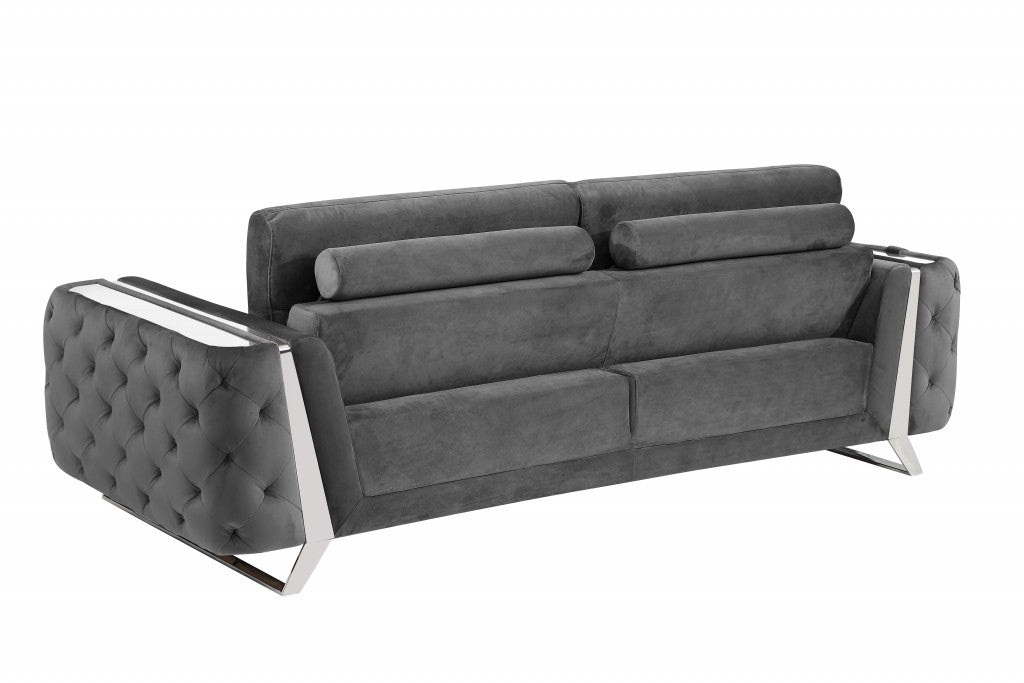 90" Dark Gray Velvet And Chrome Stainless Steel Standard Sofa