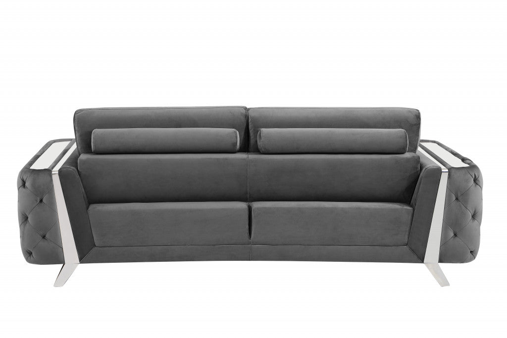 90" Dark Gray Velvet And Chrome Stainless Steel Standard Sofa