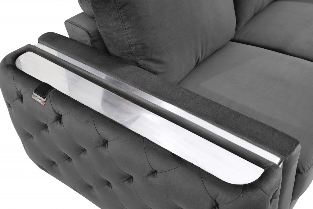 90" Dark Gray Velvet And Chrome Stainless Steel Standard Sofa