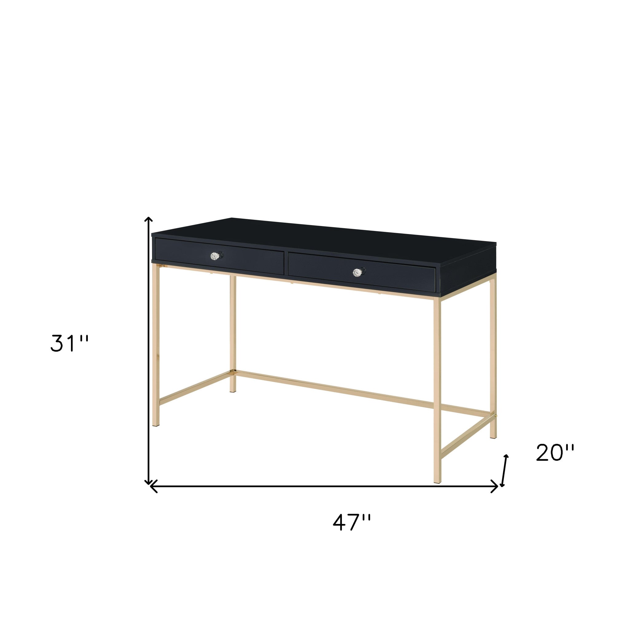 47" Black And Gold Wood Writing Desk With Two Drawers