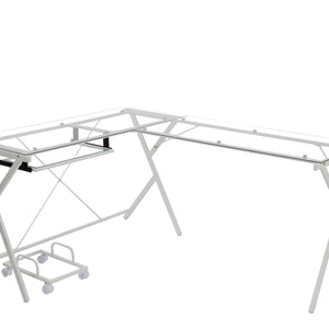 62" Clear Glass And White Metal L Shape Computer Desk