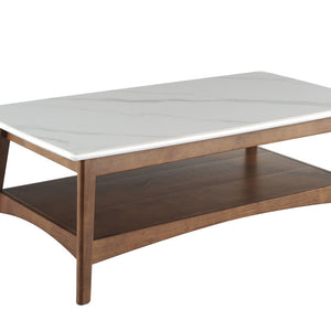 48" Walnut And White Stone Rectangular Coffee Table With Shelf