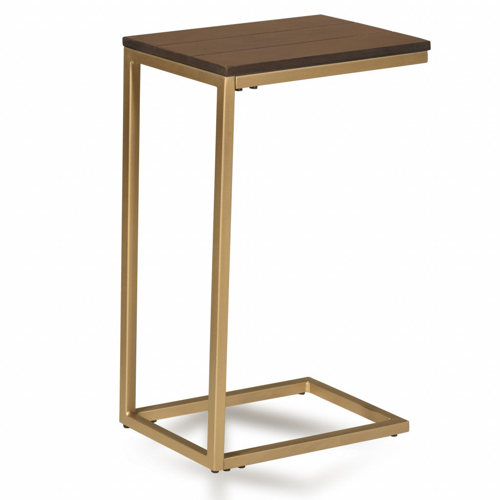 25" Gold And Elm Solid Wood Rectangular End Table