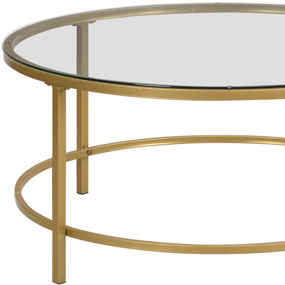 36" Gold And Clear Glass Round Coffee Table