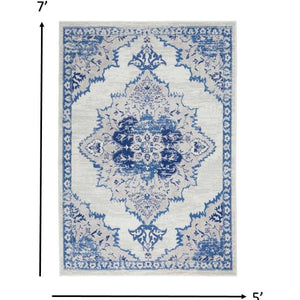 Ivory and Blue Medallion Area Rug - 5’ x 7’