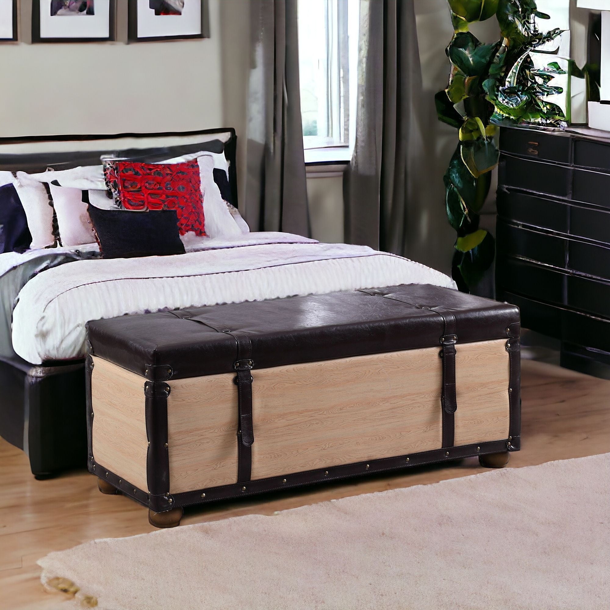 17" Black And Natural Light Brown Faux Leather Bench With Flip Top