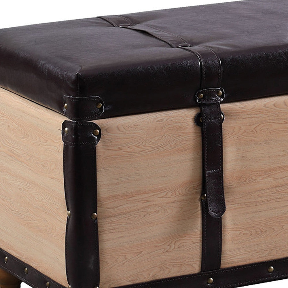 17" Black And Natural Light Brown Faux Leather Bench With Flip Top
