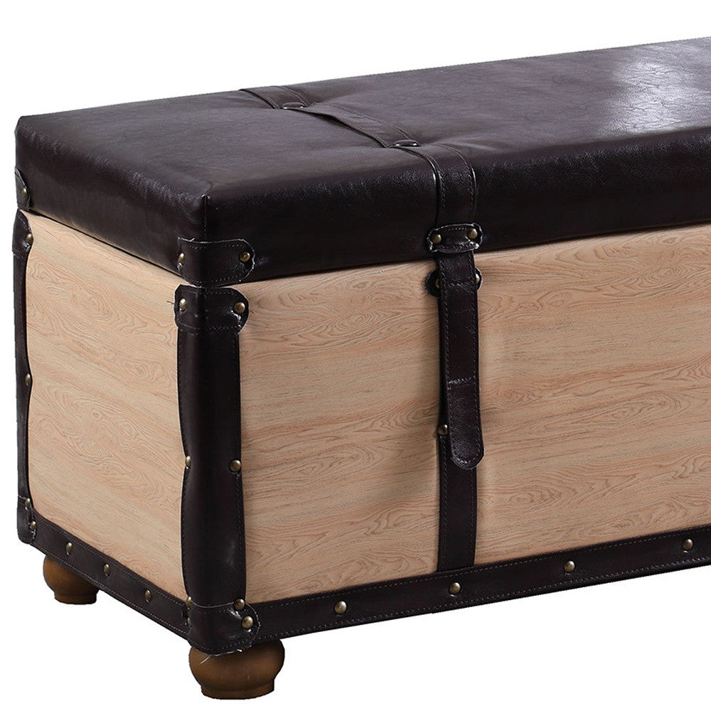 17" Black And Natural Light Brown Faux Leather Bench With Flip Top