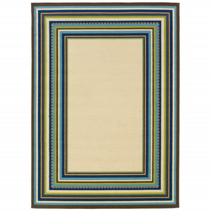 2' X 4' Ivory Striped Stain Resistant Indoor Outdoor Area Rug