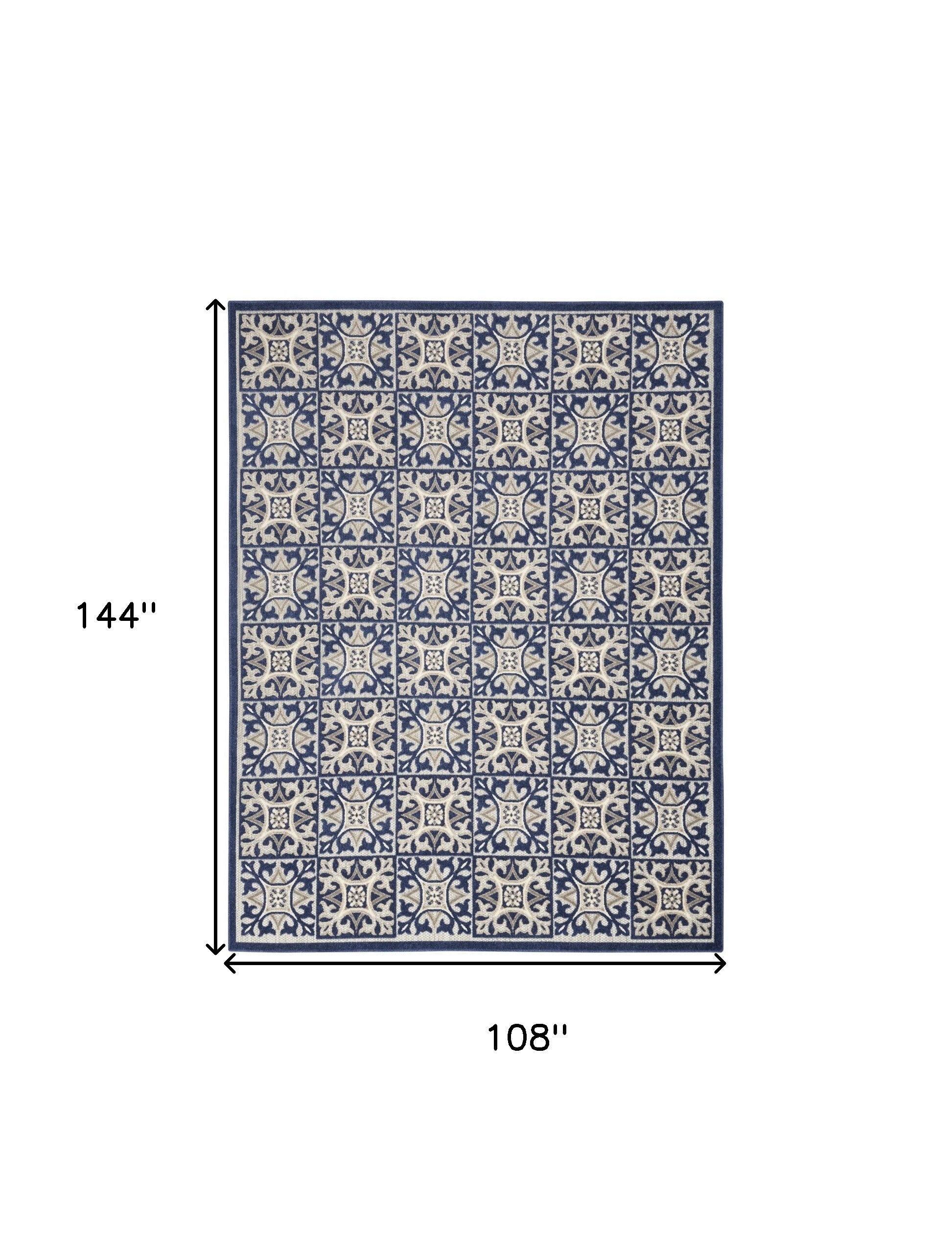 9' X 12' Blue Fleur De Lis Stain Resistant Non Skid Area Rug