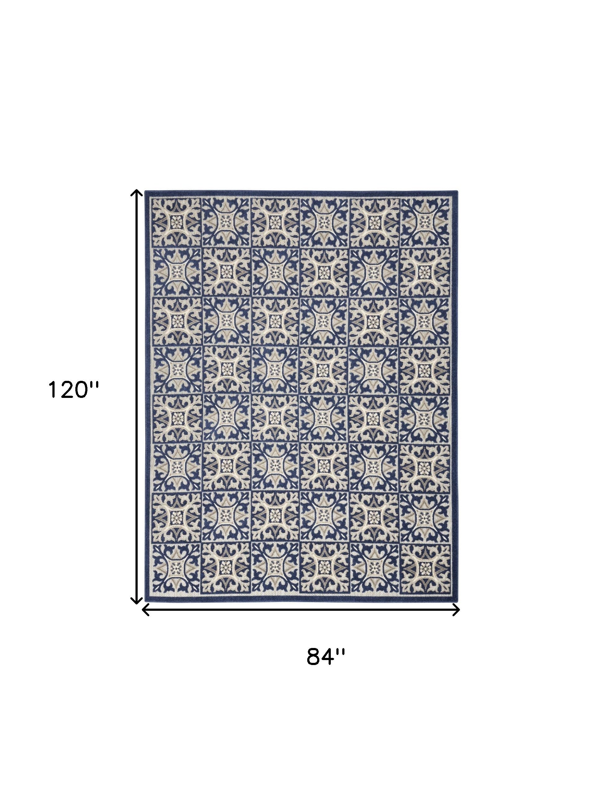 7' X 10' Blue Fleur De Lis Stain Resistant Non Skid Area Rug