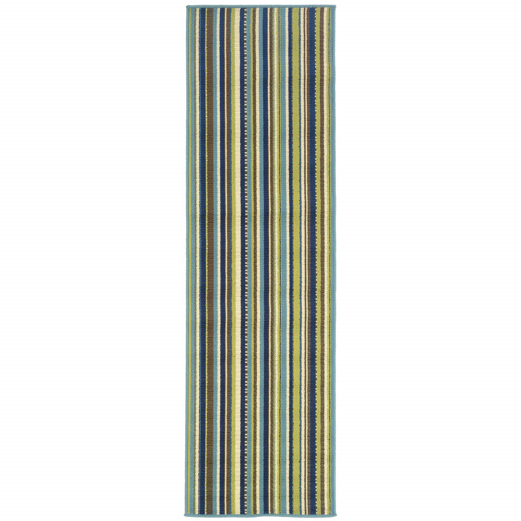 Blue Striped Stain Resistant Indoor Outdoor Area Rug - 2' x 8'