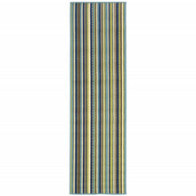 Blue Striped Stain Resistant Indoor Outdoor Area Rug - 2' x 8'