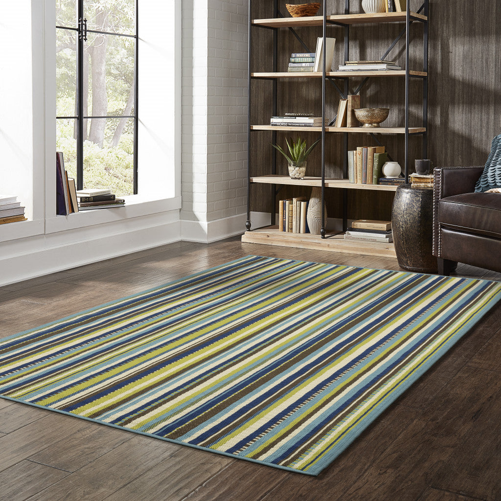 4' X 6' Blue Striped Stain Resistant Indoor Outdoor Area Rug