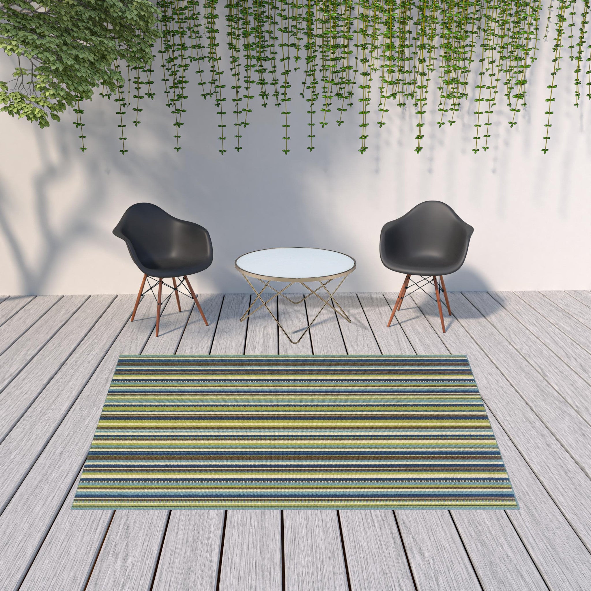 6' X 9' Blue Striped Stain Resistant Indoor Outdoor Area Rug