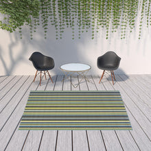 6' X 9' Blue Striped Stain Resistant Indoor Outdoor Area Rug